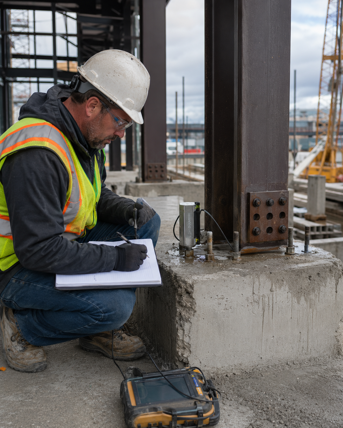Construction inspector documenting structural field testing